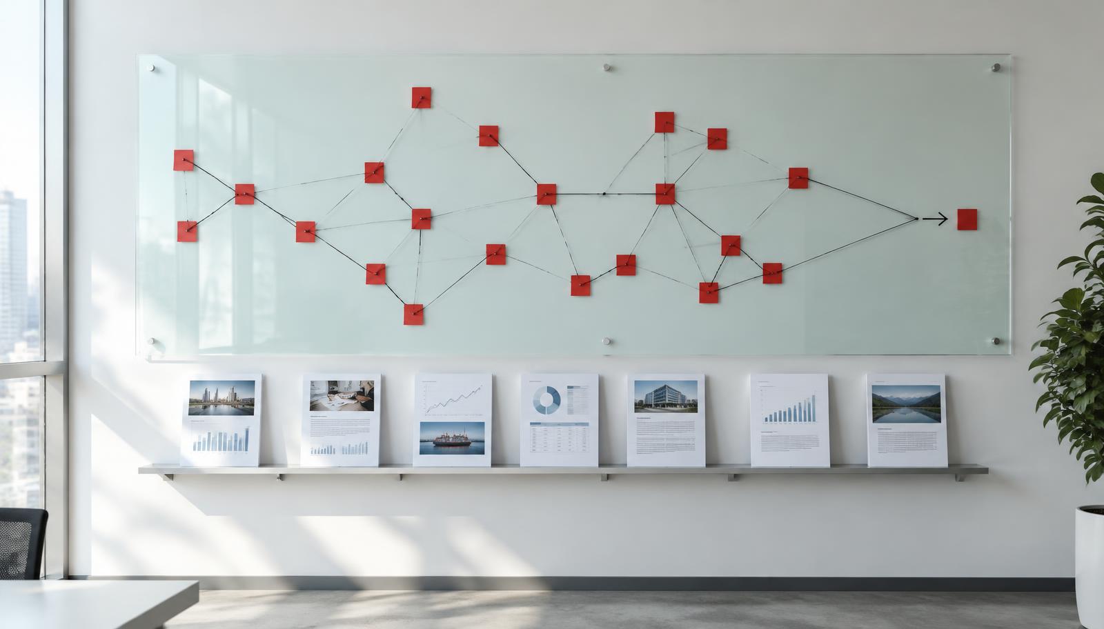 Illustrative evidence connections on a glass wall with research reports beneath it