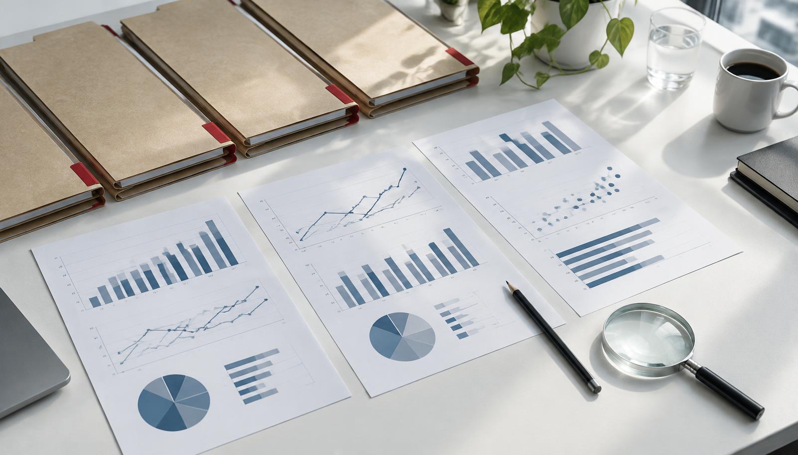 Case folders and illustrative research reports arranged on a bright desk beside a magnifying glass