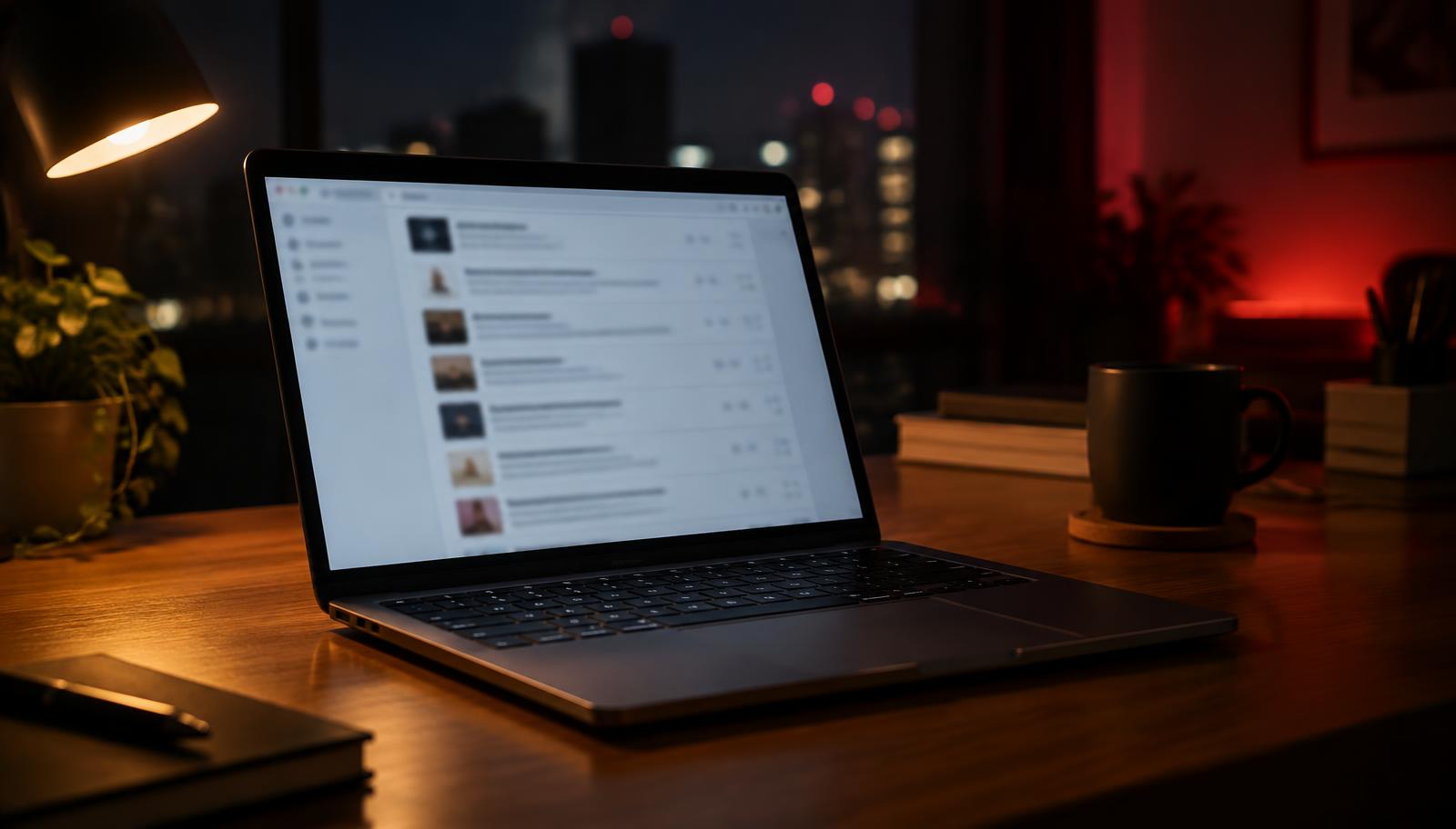 A laptop at night showing a list of online reputation management companies