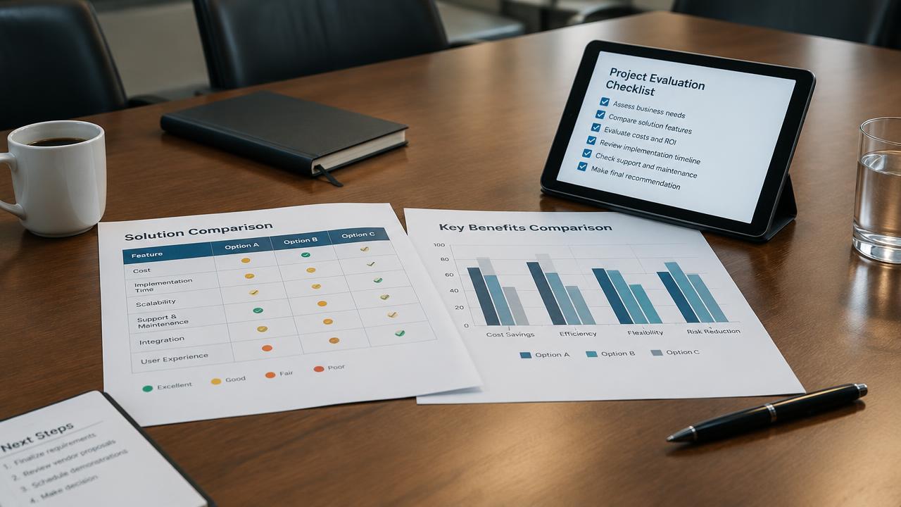 Comparison charts and an evaluation checklist on a conference room table