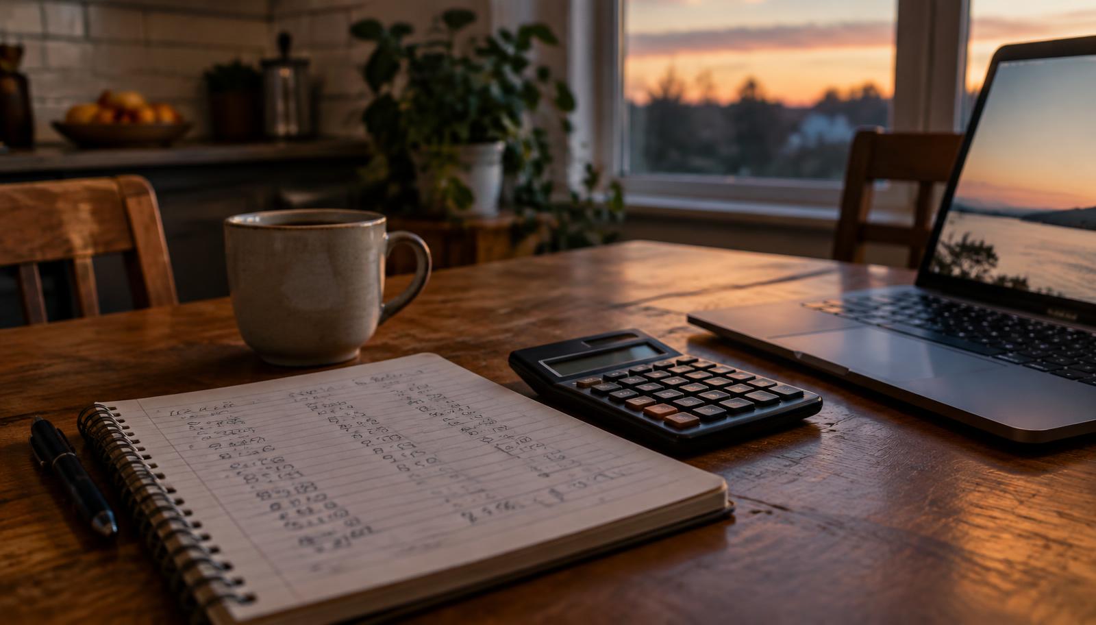A kitchen table at dusk with a notepad, calculator, and laptop, working out how much reputation management costs