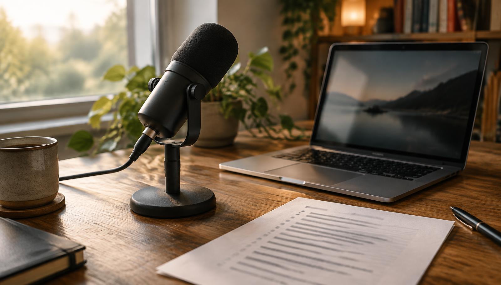 A desk with a microphone, laptop, and printed list used to compare online reputation management services for individuals