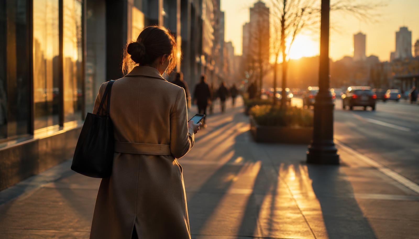A professional walking at golden hour checking a phone, the everyday moment online reputation management services for individuals are built for