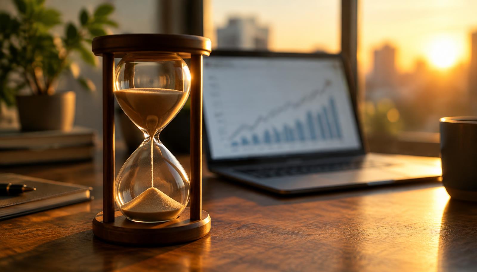 An hourglass on a desk in front of a laptop chart, showing how long reputation management takes to show results