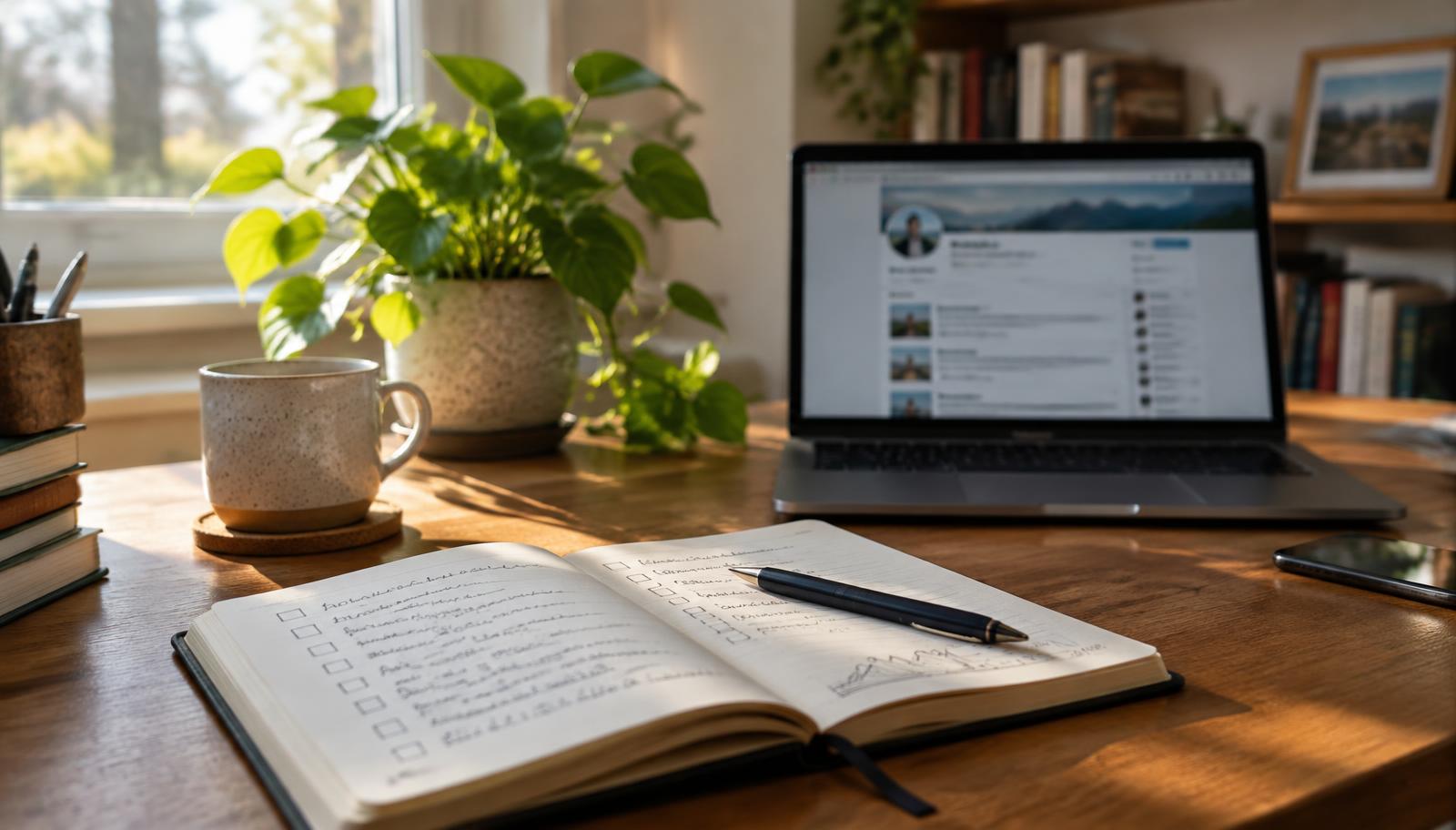 A notebook checklist and laptop profile page, the free first steps in personal reputation management