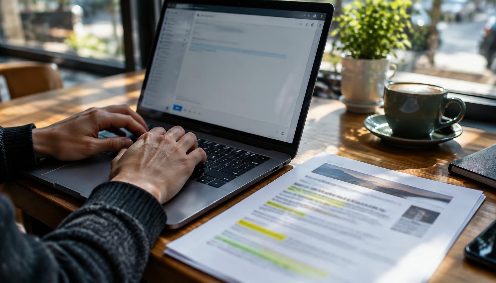Hands writing a polite removal request email next to a printed web page, a key step to remove negative search results