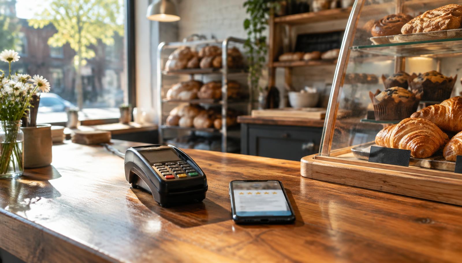 A bakery counter with a phone showing star reviews, a small business reputation management moment
