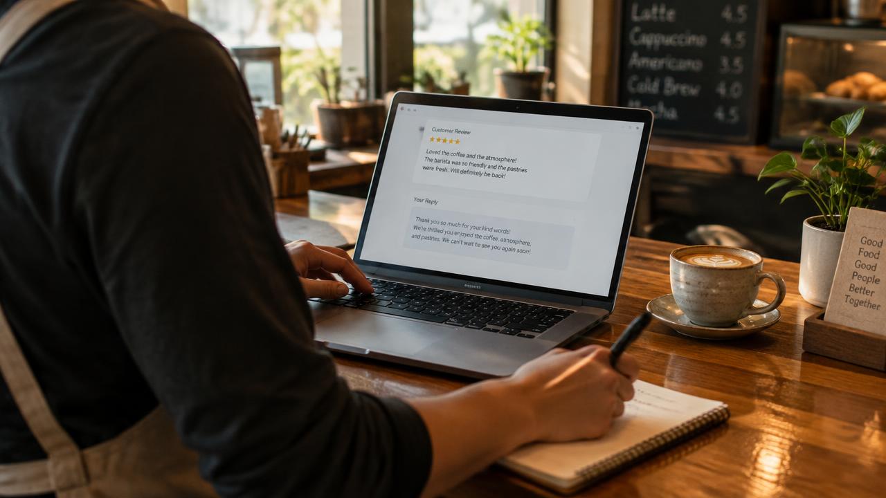 A cafe owner writing a reply to a customer review on a laptop at the counter