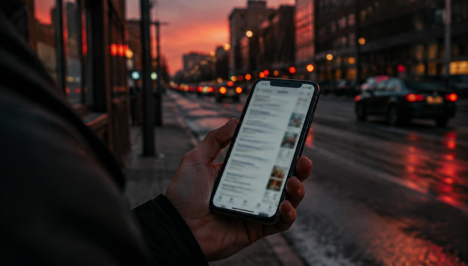 A phone showing search results on a city street, what online reputation management looks like in practice