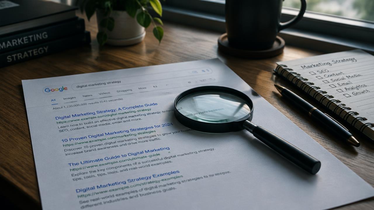 A magnifying glass resting on a printed page of search results during a reputation audit